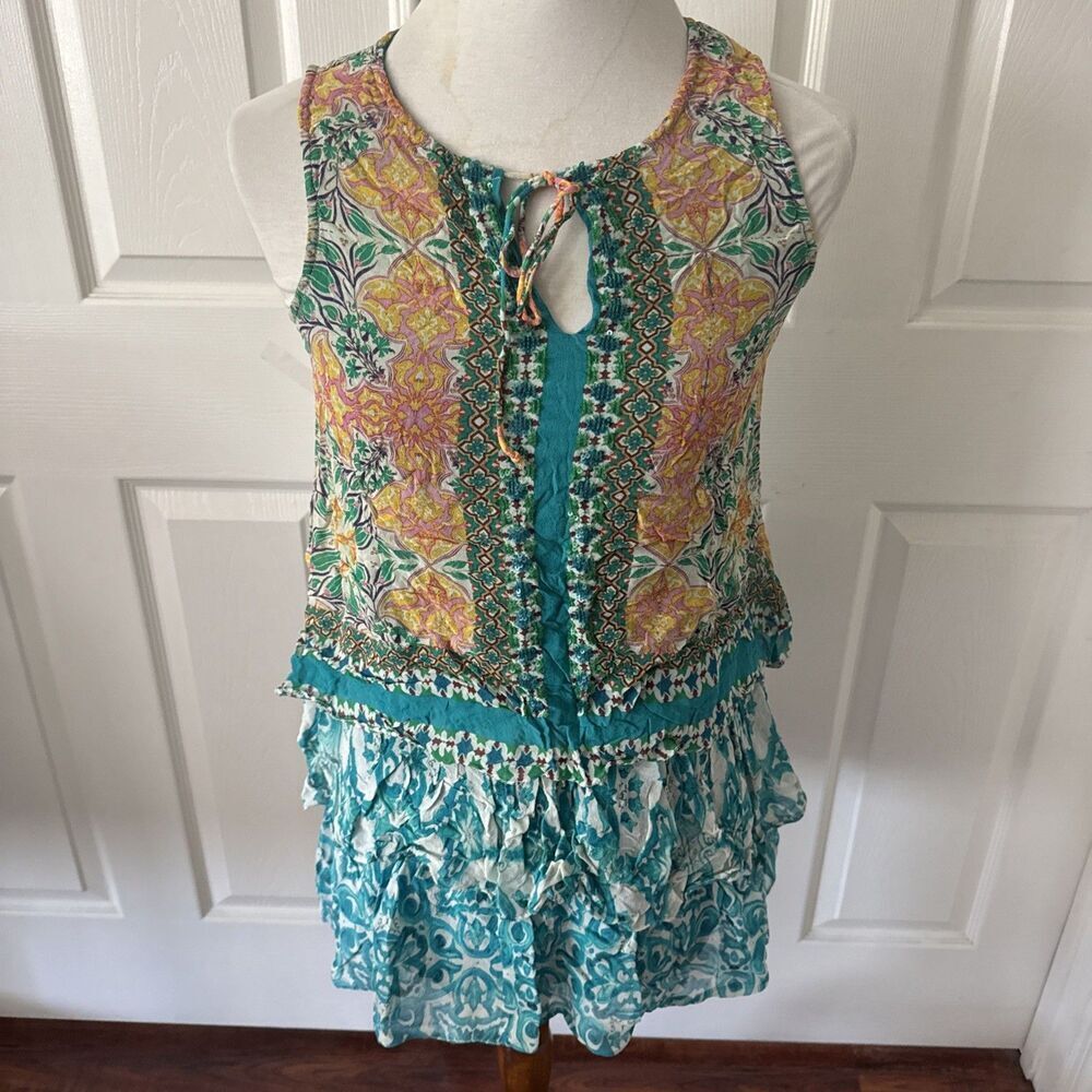 Hemant Nandita Womens 100% Silk Top XSP Petite Tiered Boho Hippie Festival Blue